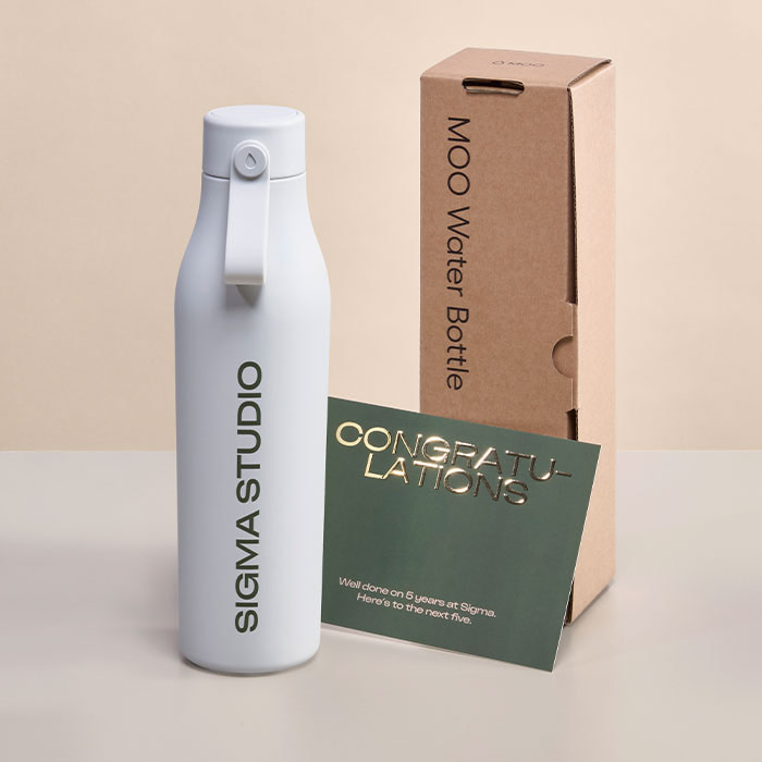 MOO Water Bottle and Postcard.