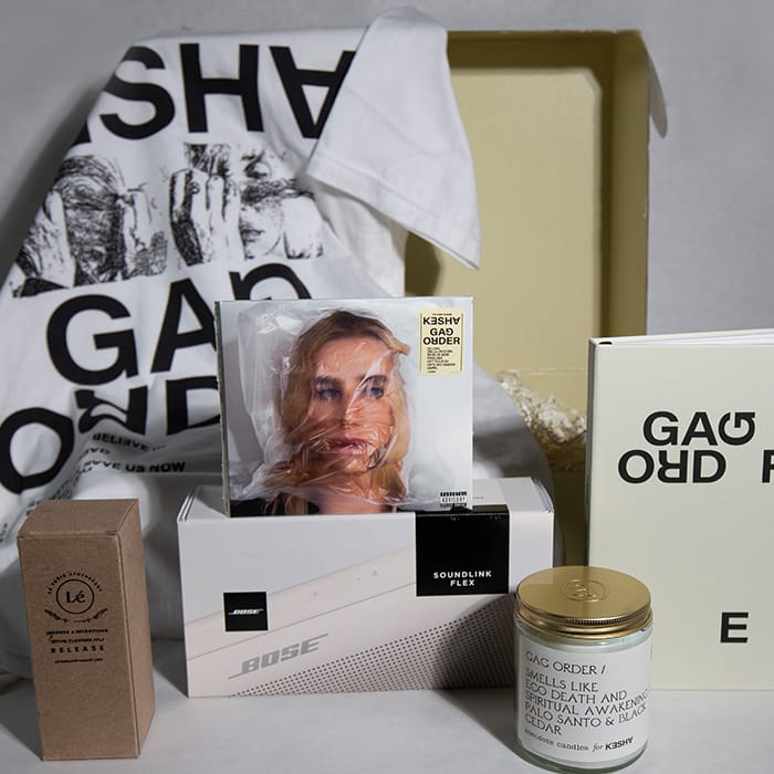 All the products included in Kesha's press box. CD, Notebooks, candle, speaker and T-shirt.