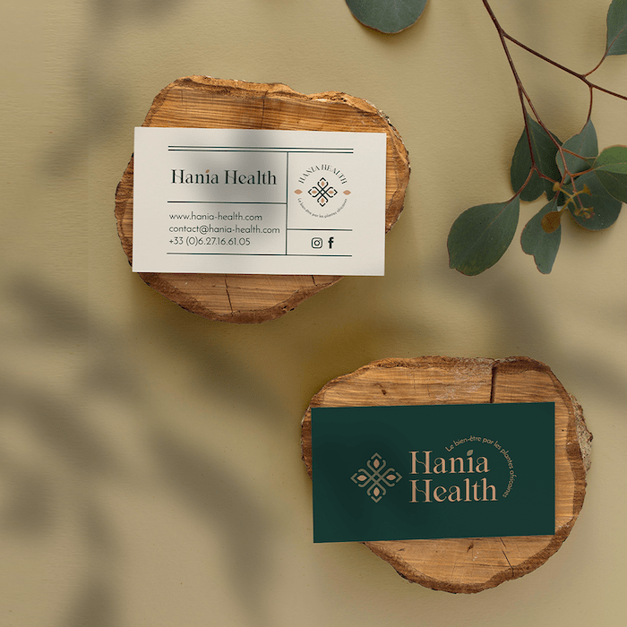 Green business cards designed by Roubina Tacorie for Hania Health
