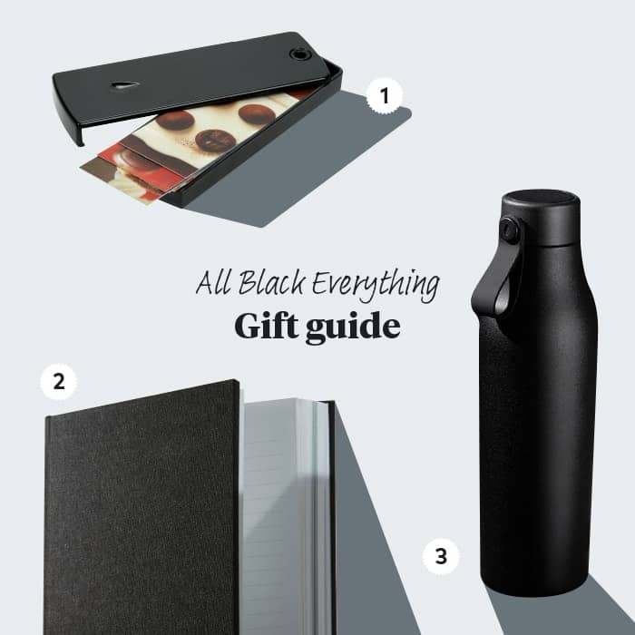 Black-themed gift guide with a black mini business card holder, a black hardcover notebook and a black reusable water bottle by MOO