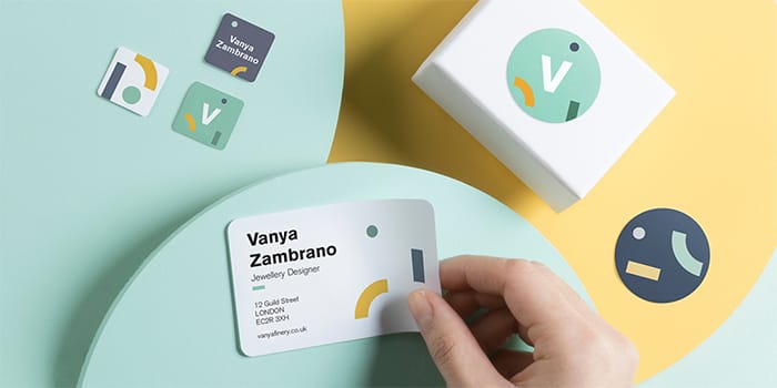 moo brand stickers in a variety of sizes, used as business stickers to promote Vanya Zambrano jewellery designer