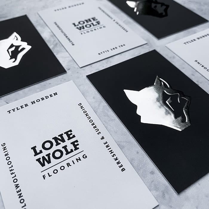 Lone Wolf silver foil and spot gloss business cards by Lucy's Logos