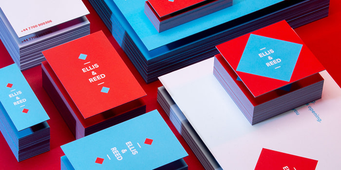 Red and blue branded marketing materials