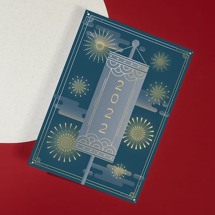 Blue chinese new year card design with gold foil fireworks