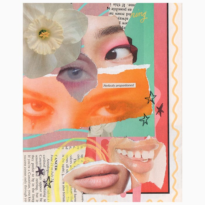 Collage artwork with eyes, mouths and flowers by Mya Naguit from Paper Puso