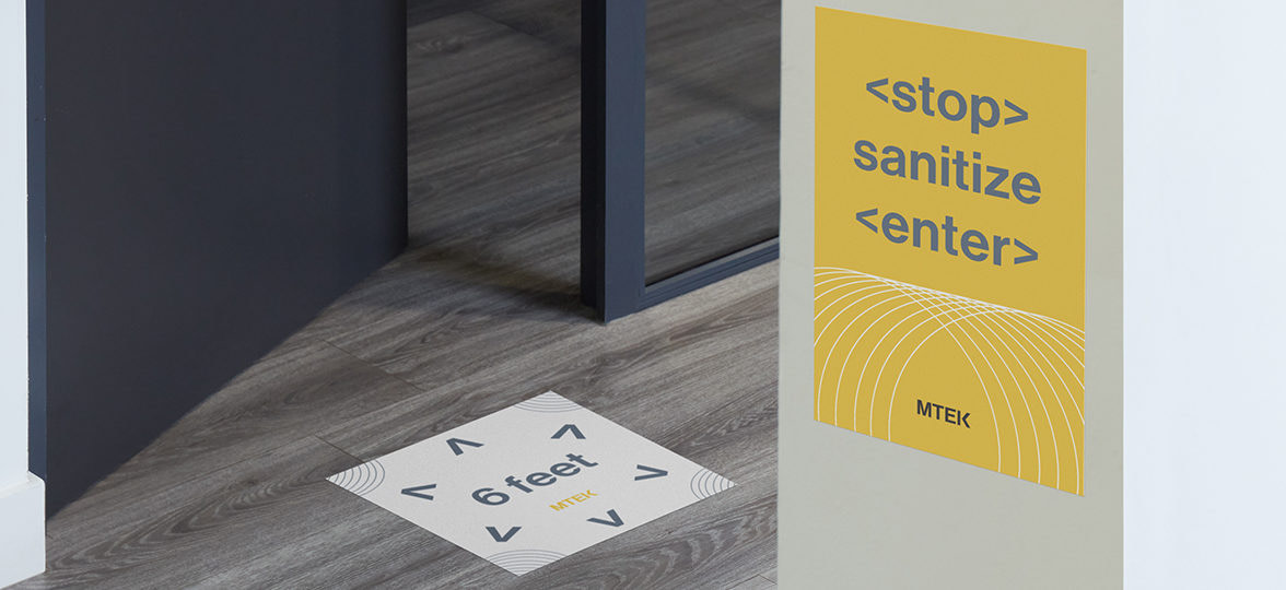 Yellow social distancing poster and six feet distancing floor decal for the office