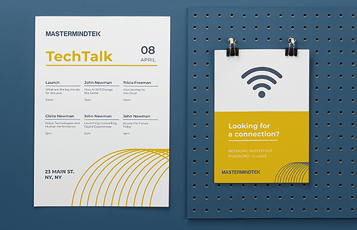 Big tech talk flyer and small WiFi code flyer