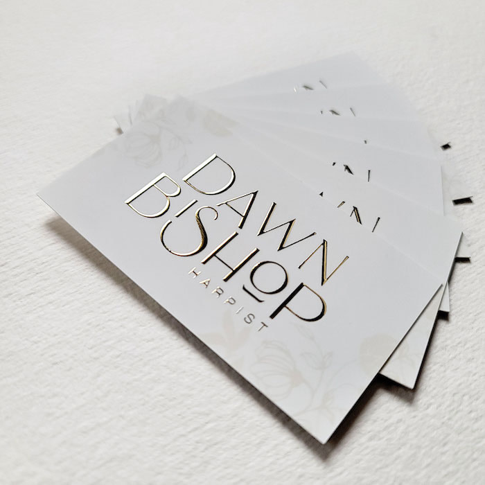 Dawn Bishop business cards with gold foil design by Jolene Choi