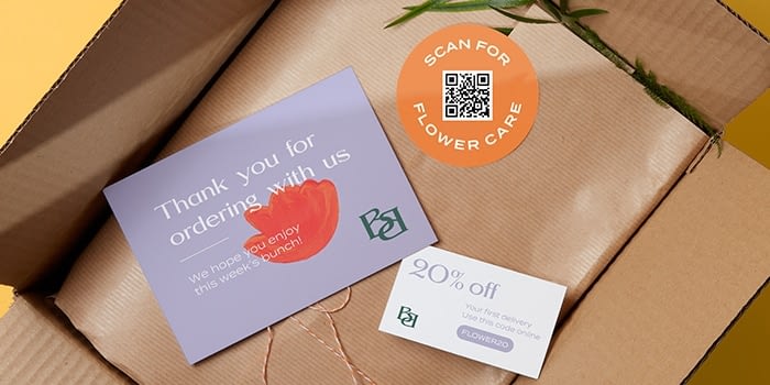 Promo card, postcard and QR sticker for a flower brand