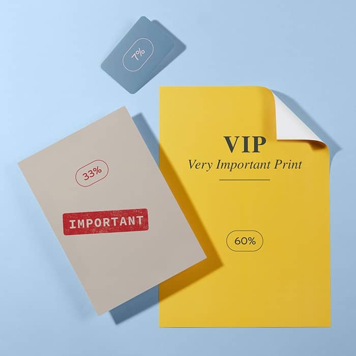 Yellow flyer saying VIP, beige postcard saying important and business card