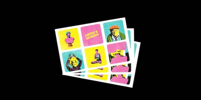 3 sheets of 6 mini square stickers with colorful pictures and slogans by Chris Printed This