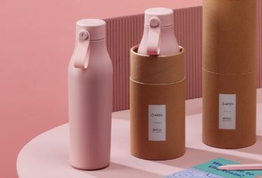Pink reusable water bottle, pink bottle in its packaging, and drink bottle packaging by MOO