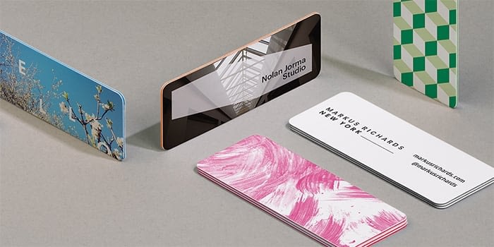 A selection of MOO mini business cards in both gloss and matte finishes