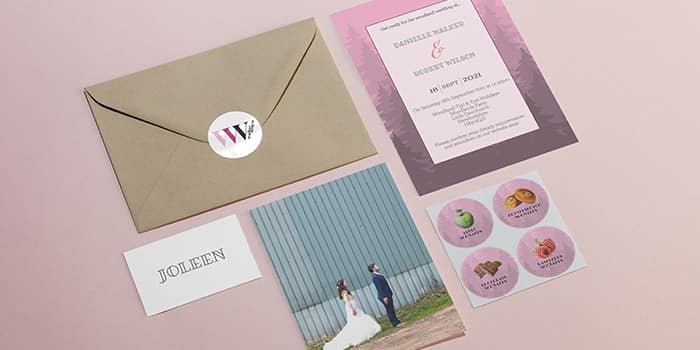 Wedding stationery including a brown envelope with logo sticker, a pink wedding invite and a picture of the couple