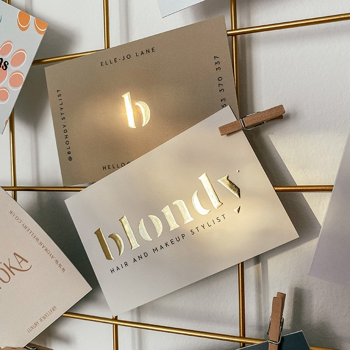Blondy hairdresser gold foil business cards by Lucy's Logos