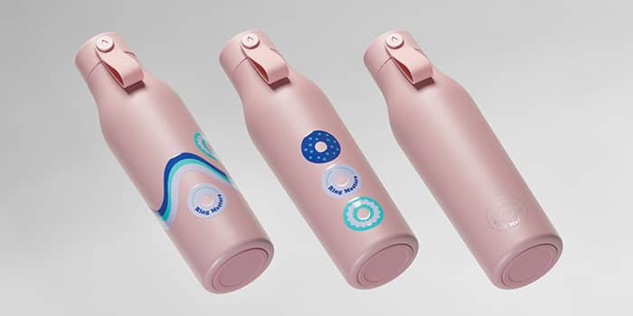 Pink reusable water bottles with colorful custom designs