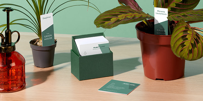 Green display box with business cards inside and plants around