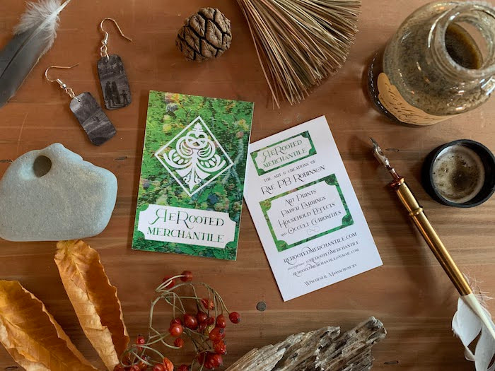 Green business card for curiosity cabinet shop Rerooted merchantile