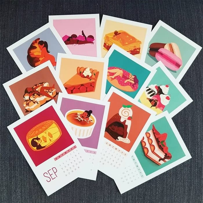 Set of 12 calendar postcards with illustrations of women and desserts by Gweneroo