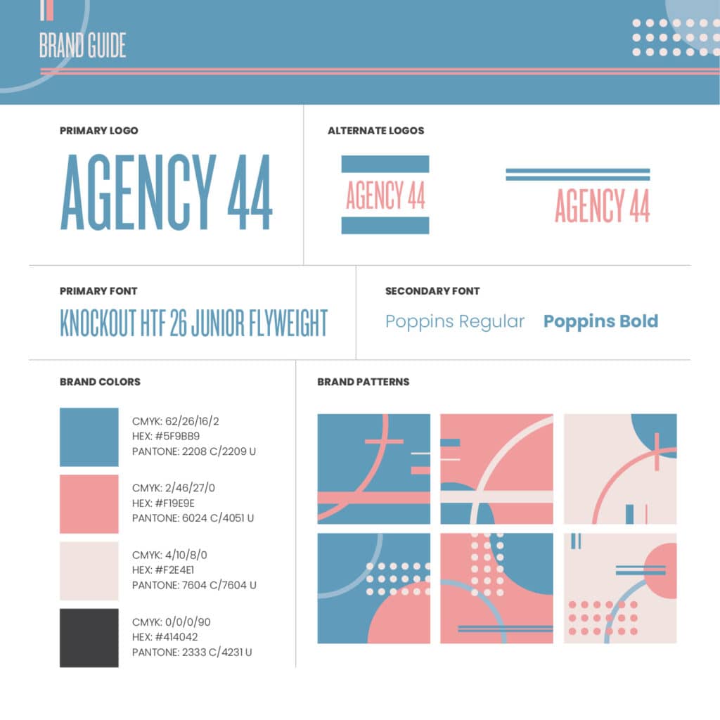 An example of a brand guide with the color palette, logo designs, and lockups.