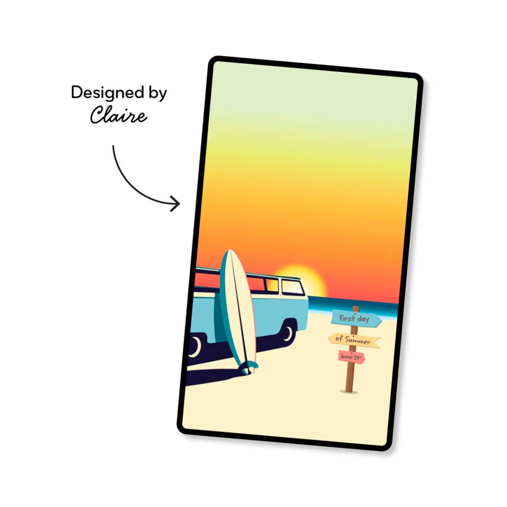 Summer digital phone wallpaper design with camper van and sunset scenery