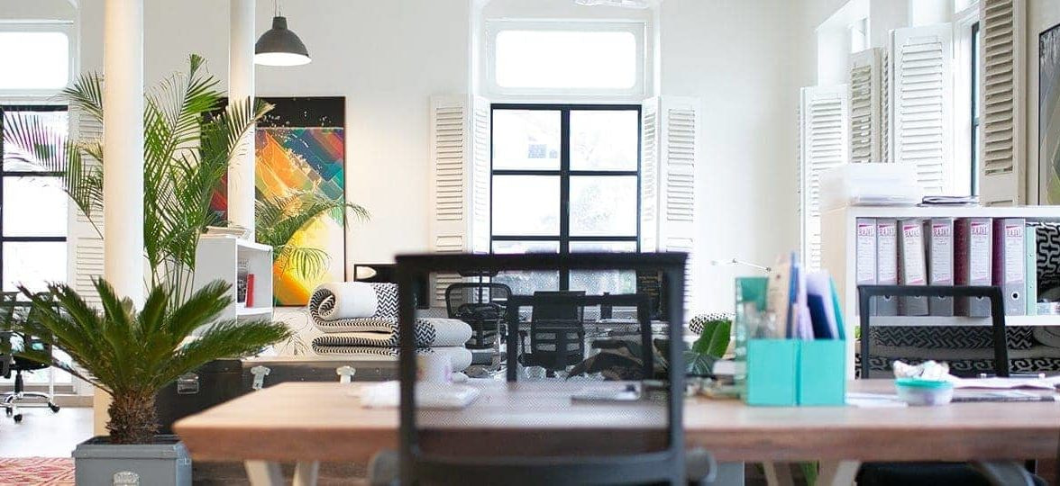 Modern office space with big windows, open space desks and houseplants