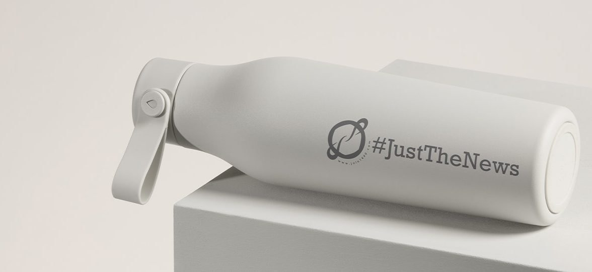 White custom water bottle with the 1440 logo and the hashtag Just The News