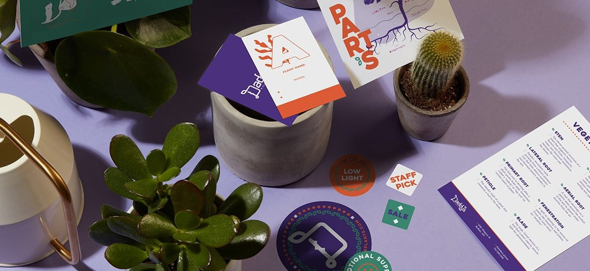 Plants and custom print products including stickers, postcards and business cards designed by MOO for plant shop Daddy's Plants