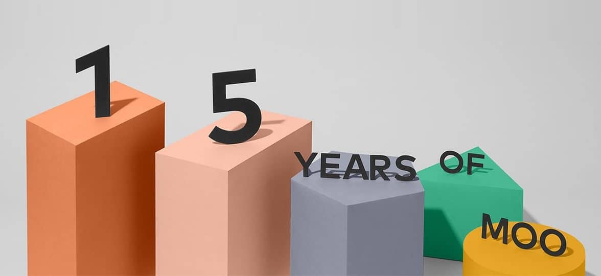 15 years of MOO written on 5 different colorful blocks