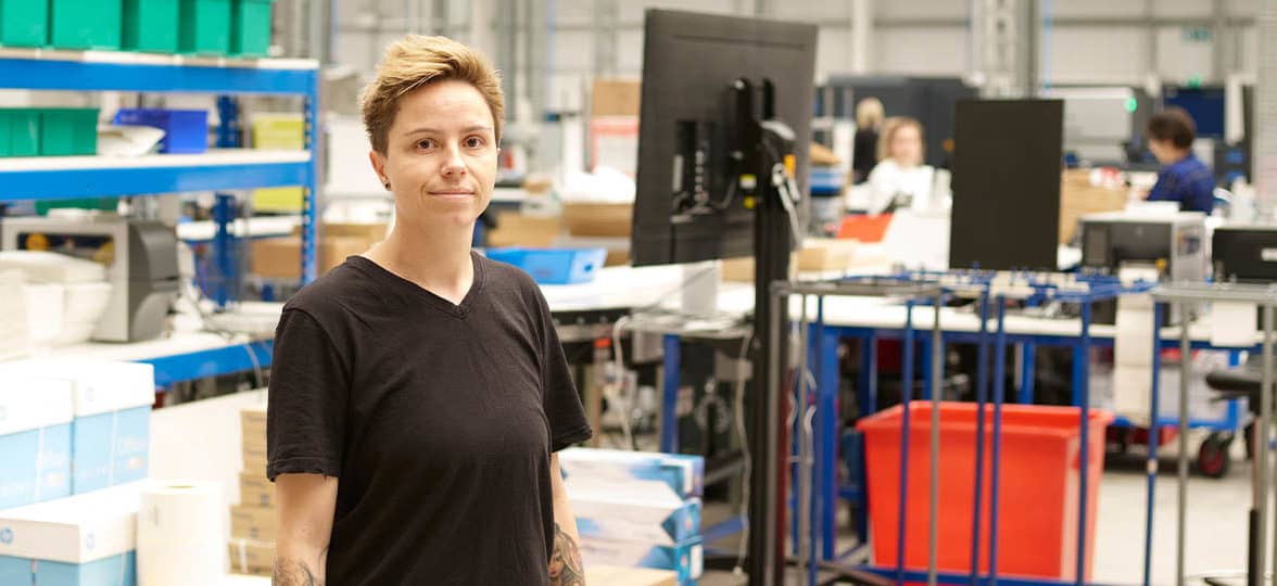 Portrait of Milda, machine operator at MOO in the Dagenham manufacturing facility