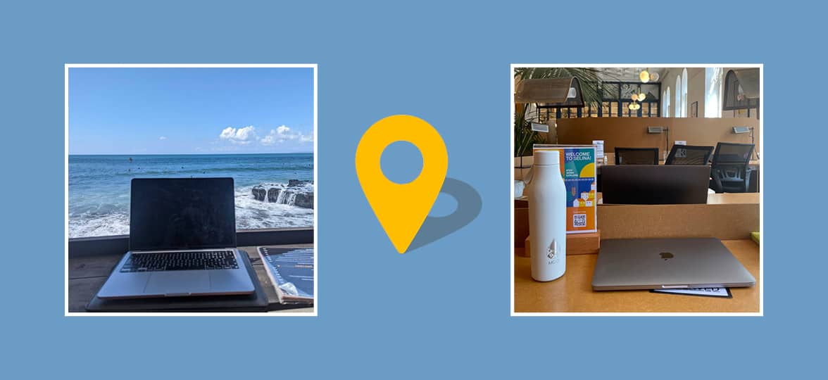 A collage with a photo of a laptop in front of the ocean and a photo of a laptop and water bottle in a coworking space