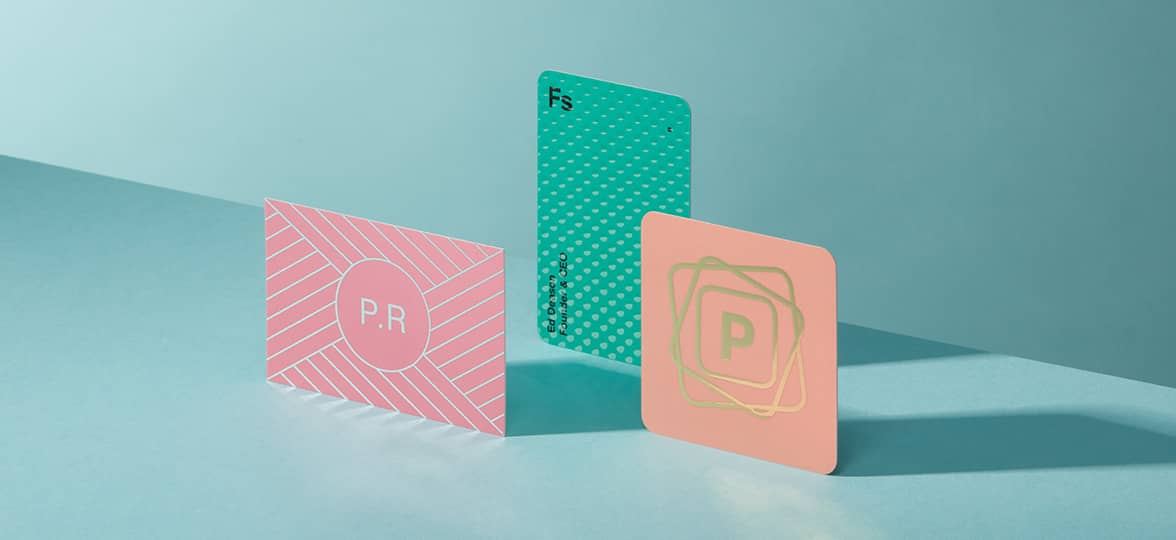 Business card designs of various shapes, colours and finishes