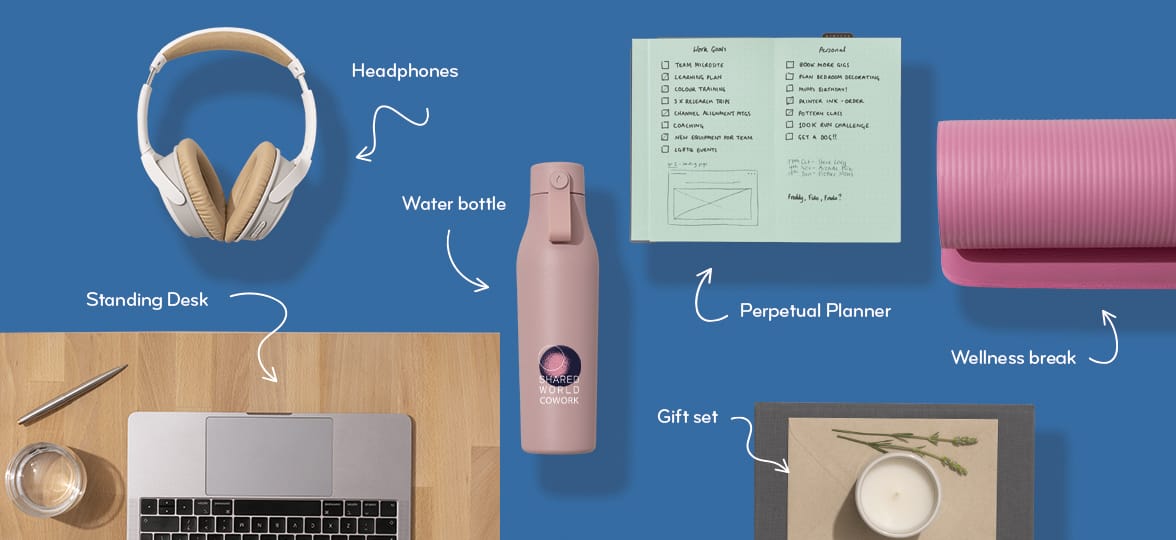 Multiple gift ideas including a water bottle, headphones, planner, standing desk, and gift set.