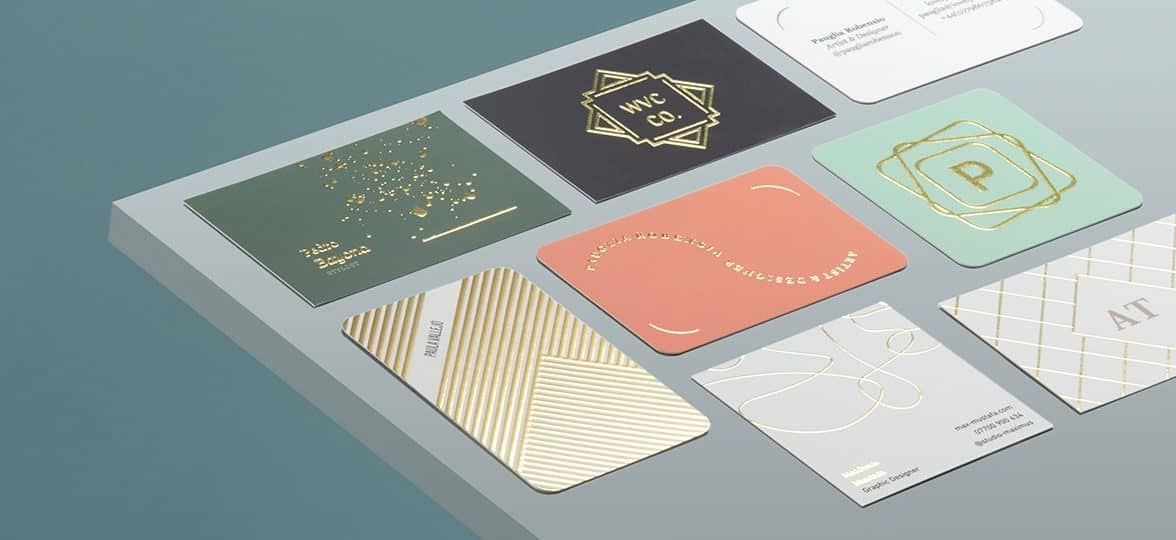 8 Gold Foil Business Cards in various sizes, colors and designs