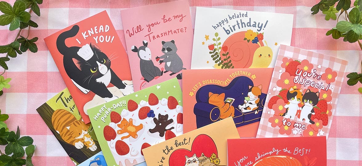 Various cute greeting card designs by Goyangii