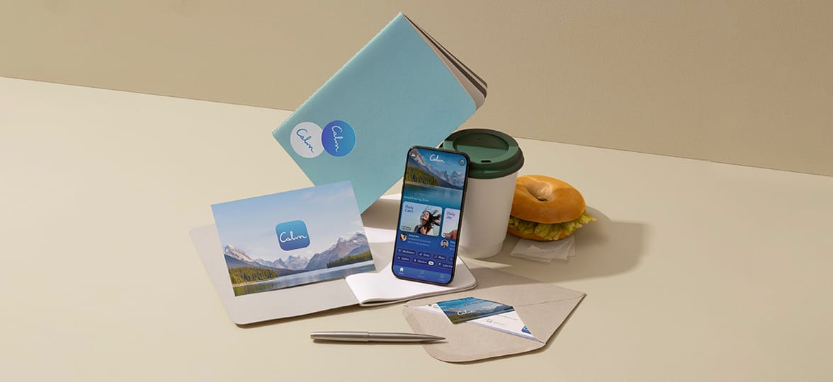 Calm branded print materials including a Postcard and Sticker