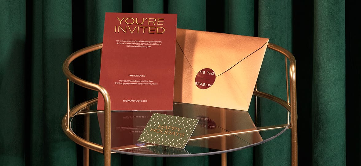 Customized Envelope, Notecard and Business Card displayed on glass trolley.