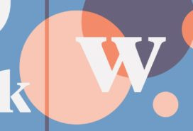 White letters, light orange and dark transluscent orange circles overlapping on a blue background