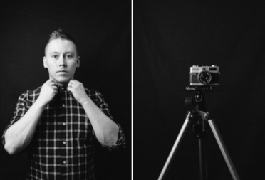 Roope Sirola standing next to a photo camera
