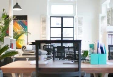 Modern office space with big windows, open space desks and houseplants
