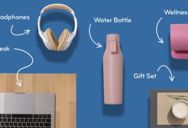 Multiple gift ideas including a water bottle, headphones, standing desk, and gift set.