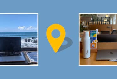 A collage with a photo of a laptop in front of the ocean and a photo of a laptop and water bottle in a coworking space