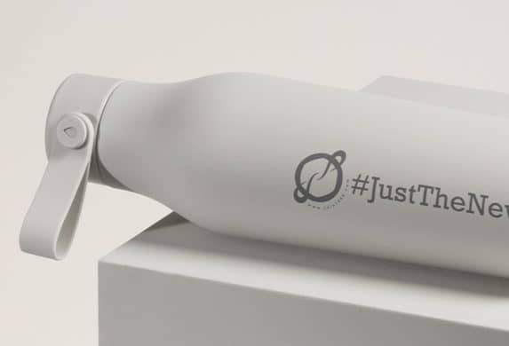 White custom water bottle with the 1440 logo and the hashtag Just The News
