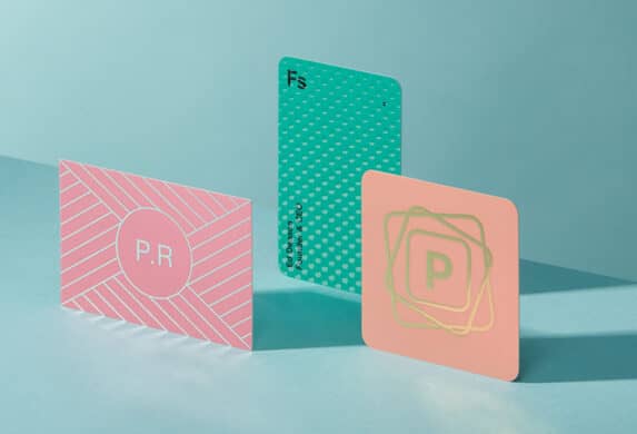 Business card designs of various shapes, colours and finishes