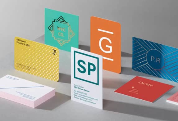 Colorful business cards in various sizes, designs, finishes