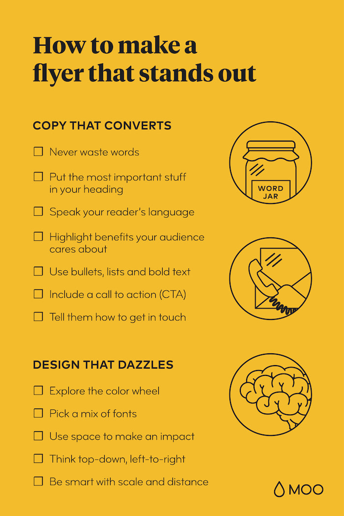 Yellow infographic on how to make a flyer that stands out with flyer copy and flyer design tips