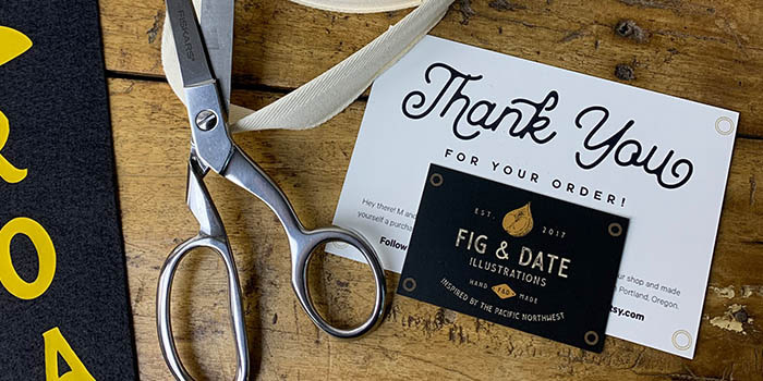 Fig & Date thank you card, business card and scissors