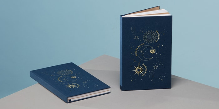 JJ Butterfly night blue custom branded cloth hardcover notebooks with gold foil design by MOO