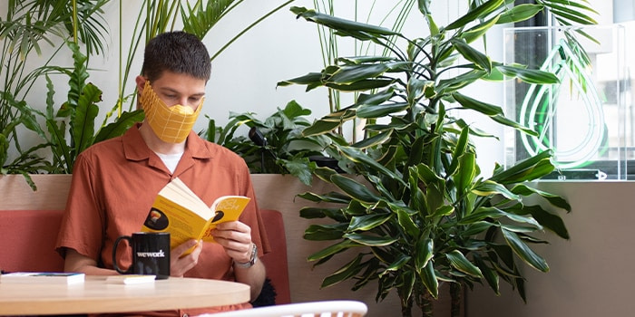 Person wearing a yellow paper face mask and reading a booklet. There is a WeWork mug on the table in front of him and the room is filled with plants.