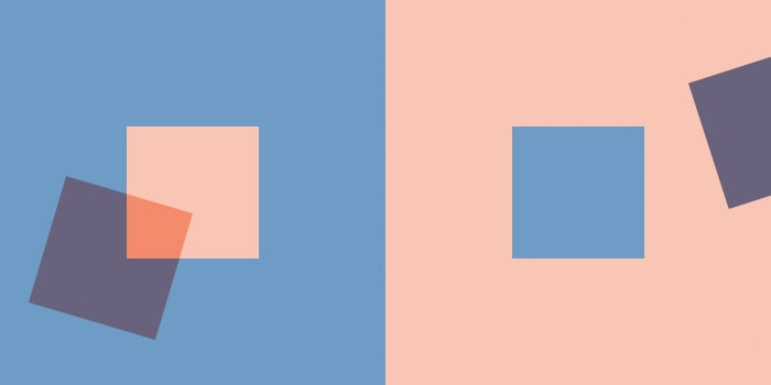 Light orange, blue and dark transluscent orange squares overlapping on a blue background